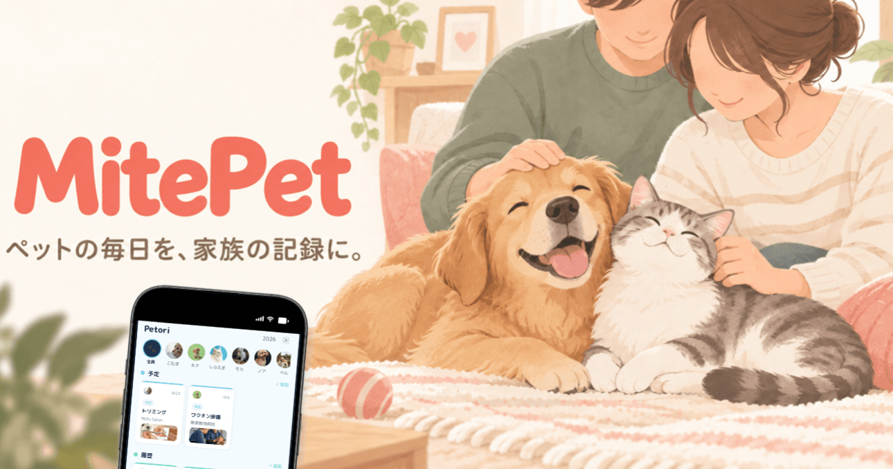 MitePetの画面と、家族と一緒にくつろぐ犬と猫